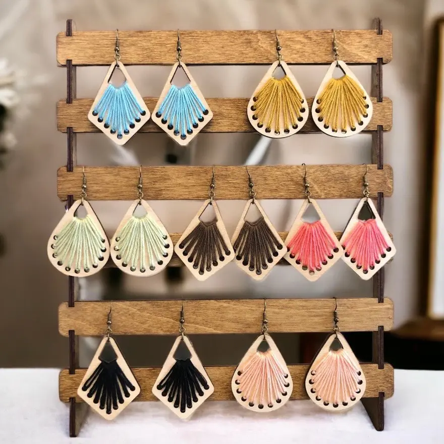 Boho earrings, embroidered earrings, embroidery earrings, wooden earrings, summer earrings Casual Casual Female