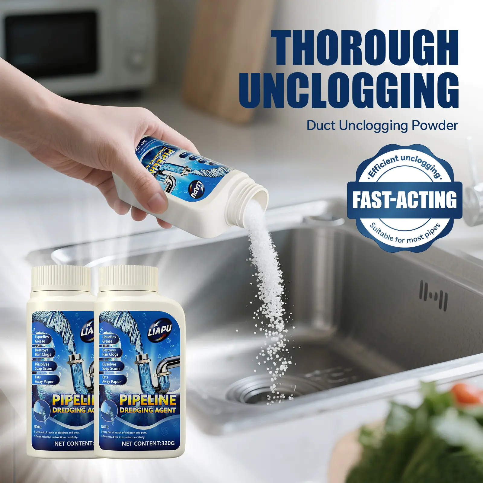 Liapu Fast-Acting Pipe Unclogging Powder - Multi-Purpose Drain Cleaner & Deodorizer for Stubborn Hair, Grease & Soap Scum Clogs