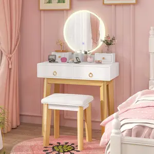 CHARMAID Vanity Desk with Mirror and Lights, White Makeup Vanity Desk with 4 Drawers, 3 Color Lighting Modes, Adjustable Brightness, Modern Dressing Table with Vanity Stool for Girls Small Bedroom CHARMAID