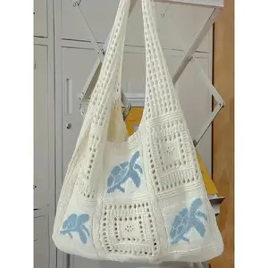 Ladies' simple casual hollow design shoulder bag, fashionable daily personalized pattern knitted bag, Colorblock Bag, Crossbody Crochet Bags