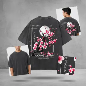 Vintage Washed Oversized Cherry Blossom Graphic Tee | Moonlit Sakura Print Streetwear T-Shirt | Soft Cotton Unisex Summer Casual Top