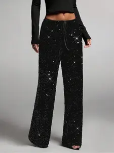 Women's Fashion Wide Leg Pants with Elastic Adjustable Waistband, Bow Tie Design, Sequins Detailing, Stylish Elegant Chic Long Trousers, Fit for Everyday Casual Wear, Womenswear Bottom