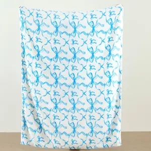 Blue Bow Twin Blanket –Soft Fannel Blanket for Girls and Women, Coquette Aesthetic Room Decor for Bed, Couch, Chair, Preppy Bedroom or Gift, Cute Blue Bow Decor Blanket