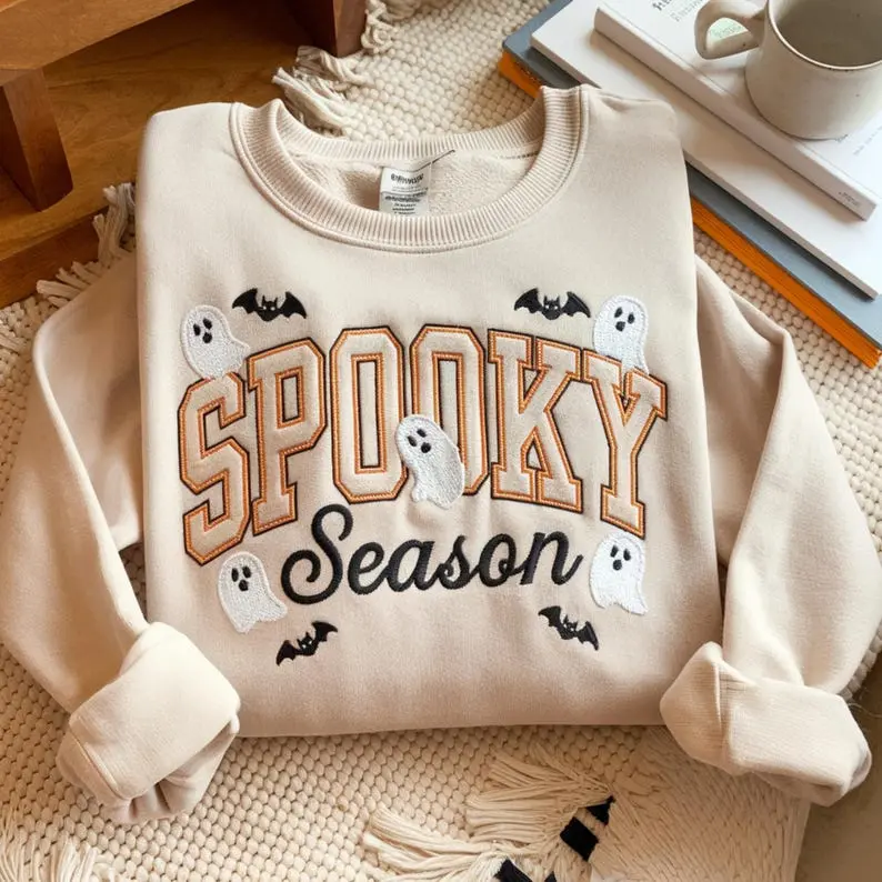 Embroidered Spooky Season Sweatshirt, Embroidered Sweatshirt Halloween, Spooky Season Crewneck Shirt, Halloween Sweater