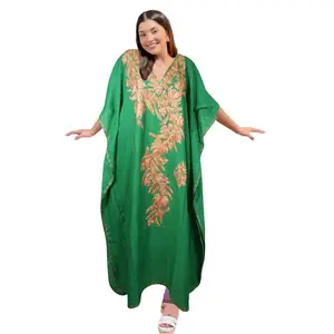 Women's Kaftan Maxi Dress Green Embroidered Beach Coverup Caftan L-2XL