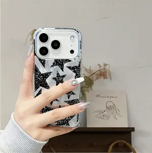 Y2K Black Glitter Star Phone Case Silver Metallic Back Clear Bumper for iPhone 13 14 15 16 17 Pro MaY2K Wasteland Style / Dark Style IMD Yarn Phone CaseZZR049 junk