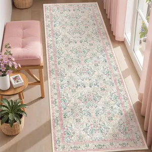 ComiComi Pink Floral Runner Rug for Entryway, Moynesa Washable Kitchen Rugs with Rubber Backing, Thin Soft Botanical Runners for Hallways, Kids Room, Playroom, Nursery