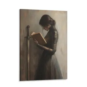 Dark Academia Woman Knight Reading Oil Painting Canvas Wall Art - Vintage Medieval Fantasy Decor for Library & Bedroom