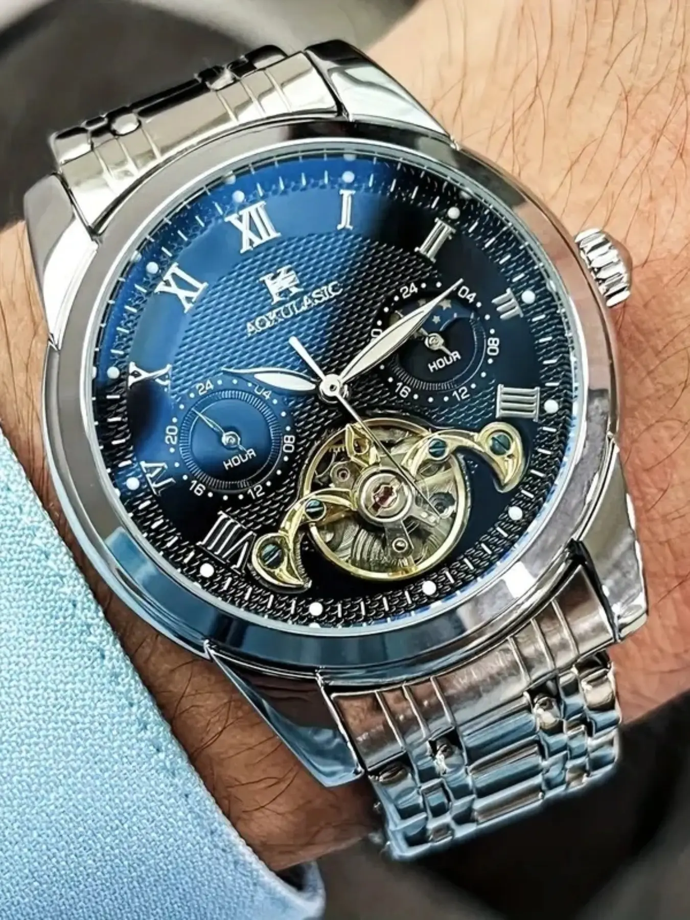 Men's Hollow Out Tourbillon Mechanical Watch, Skeleton Design, 24-Hour Moon Phase Display, Automatic Wind-Up, No Battery Needed