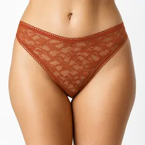 Women's Soft Spandex-Nylon Fabric High-Leg Daisy Lace Thong Panty, Floral Design, Picot Trim, Slip-Style Underwear