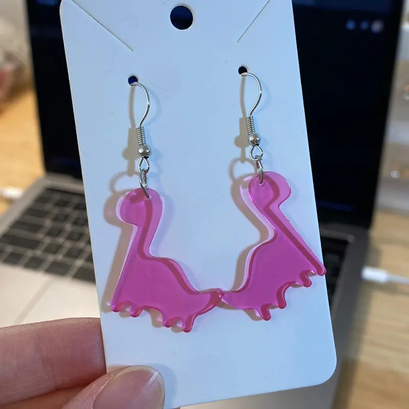 Pink Dino Earrings - Pink Dinosaur Design with Clear Beads and Earring Hooks