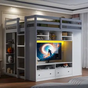 Full Size Loft Bed Frame with Wardrobe, Drawers, Shelves & LED Light, Wood Full Loft Bed with TV Stand and Multi-Storage for Bedroom, White