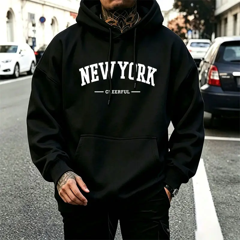 NEW YORK Curved Hollow Varsity Hoodie with Lettering, CHEERFUL Short Phrases, American Retro Campus Style, Unisex Oversized Hooded Sweatshirt