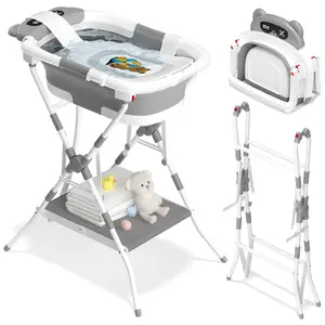 2-in-1 Baby Bathtub with Stand for Newborn and Infants, Foldable Baby Bath Tub, Baby Shower Gifts for New Parents, Gray
