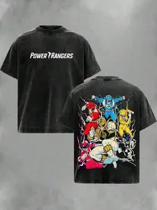 Retro Washed Colorful Superhero Team Graphic T-Shirt, Lightning Effect Print, Oversized Unisex Casual Streetwear for Outdoor