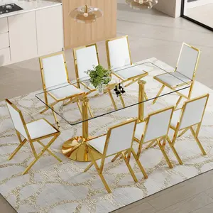 Dining Table and Chair Set. Includes one or two 71 x 35.4-inch tempered glass dining tables, along with 6, 8, or 10 PU dining chairs featuring metal frames. This modern-style dining furniture set is designed specifically for family gatherings.