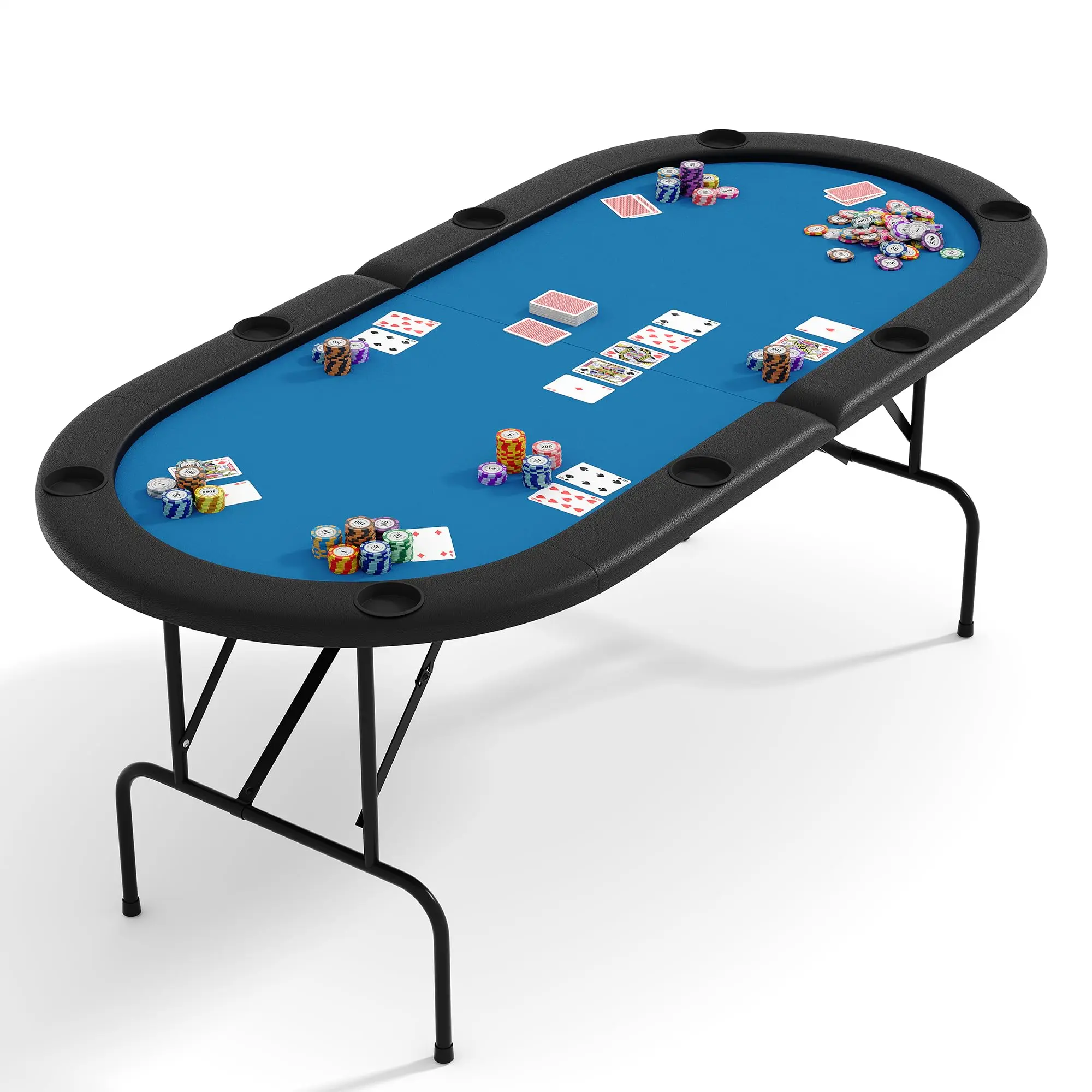 Player Oval Poker Table Game, 71" Poker Tables with Folding Legs, Padded Rails and Cup Holders, Portable Poker Table for Texas Holdem Poker and Blackjack, Blue