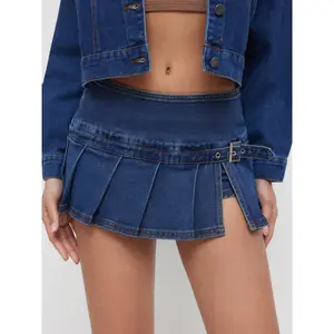 Cider Stretch Denim Low Rise Split Pleated Mini Skirt
