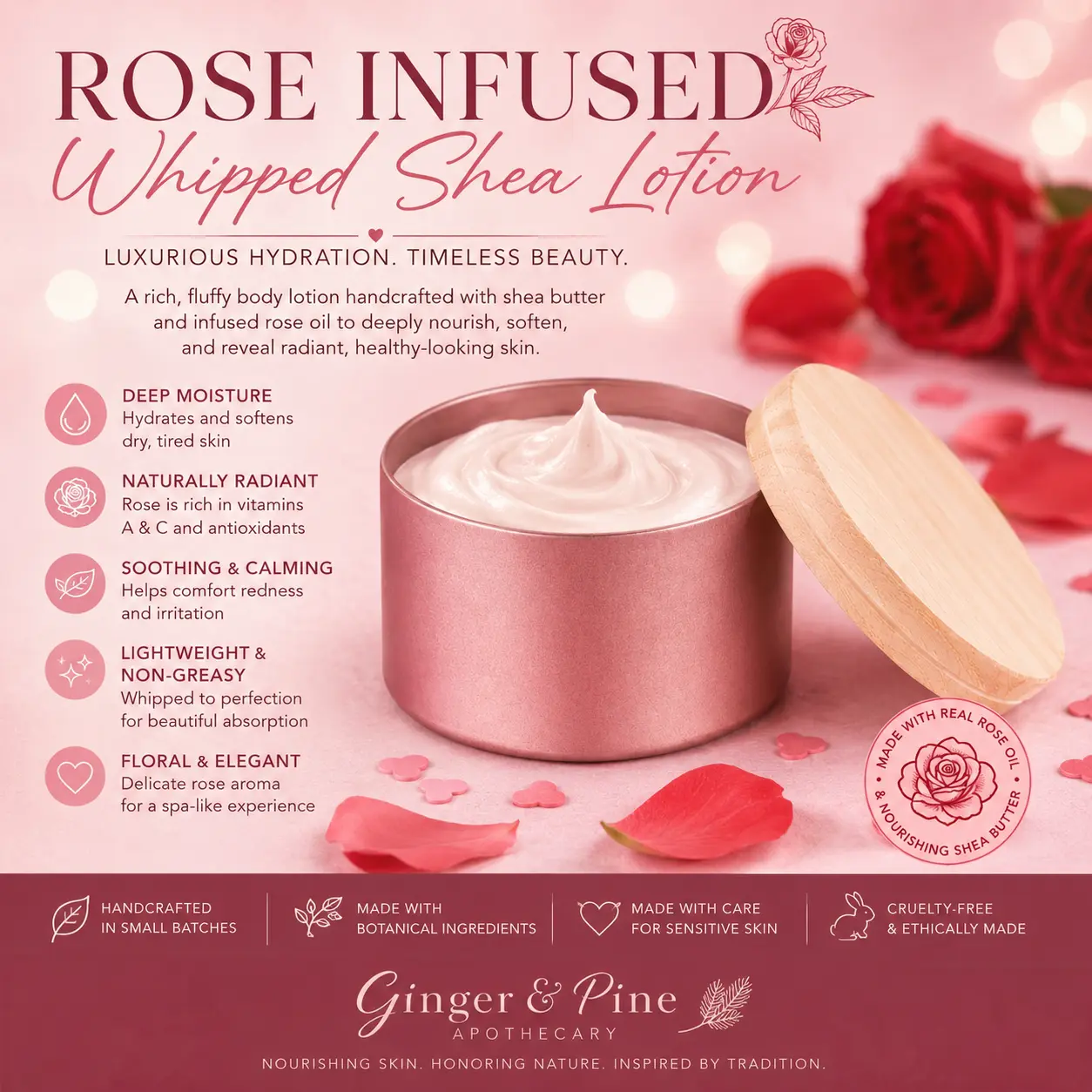 Whipped Rose Shea Body Butter with Vitamins - Soothing Moisture for Dry Skin, Lightweight Body Care for an Aesthetic Glow, Hydrating Body Lotion