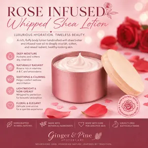 Rose Infused Whipped Shea Lotion - Hydrating, Lightweight, Soothing Herbal Moisturizer with Vitamins, Antioxidant Body Butters, Daily Radiant Dry Skin Body Care for Moisture Locking