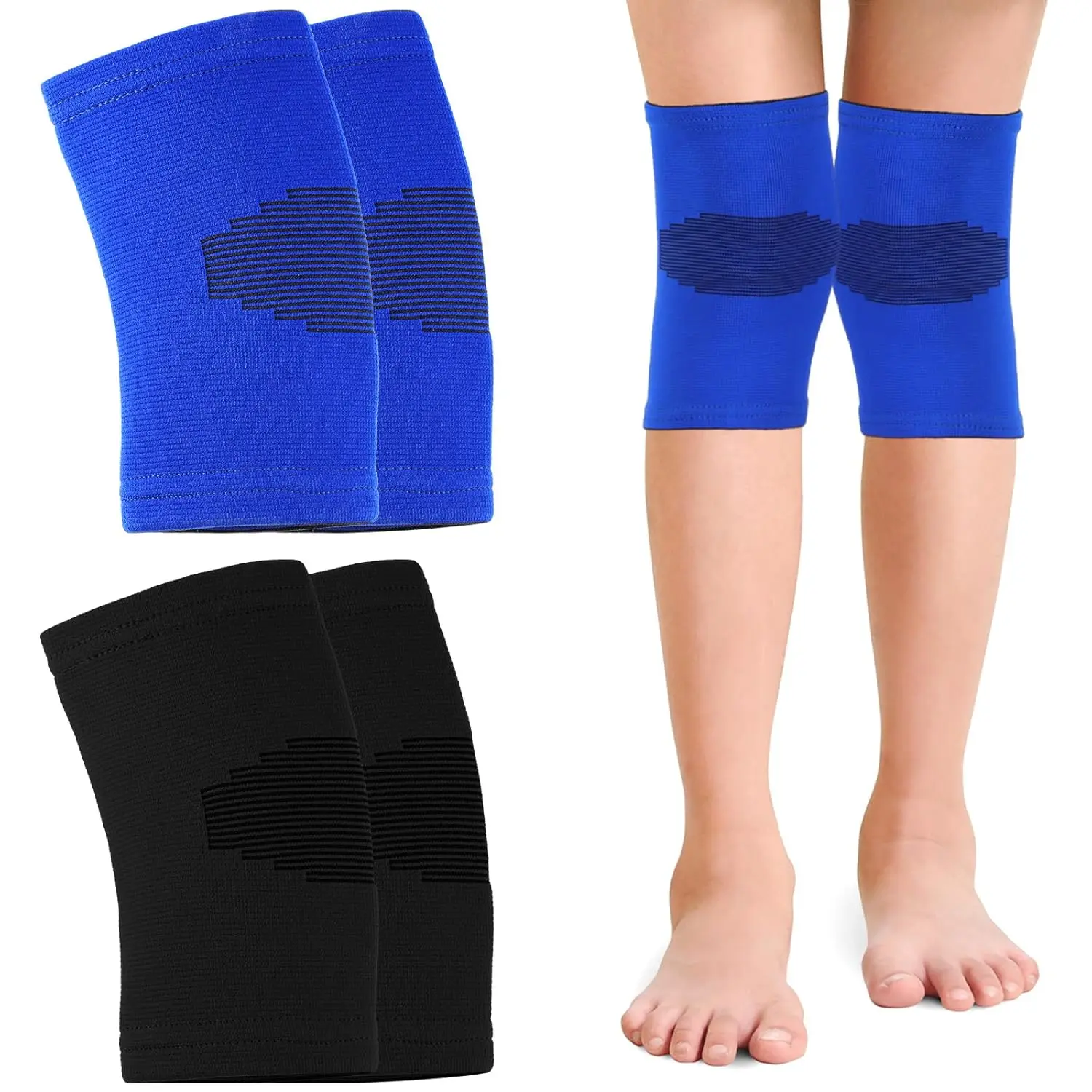 2 Pairs Kids Compression Knee Sleeves, Quality Nylon & Rubber Latex Brace with Rhombus Pattern, Elastic Protective Support for Basketball & Volleyball, Nice Elasticity, Basketball/Volley, Children Aged 4 To 15, Nylon Blend, Three Sizes