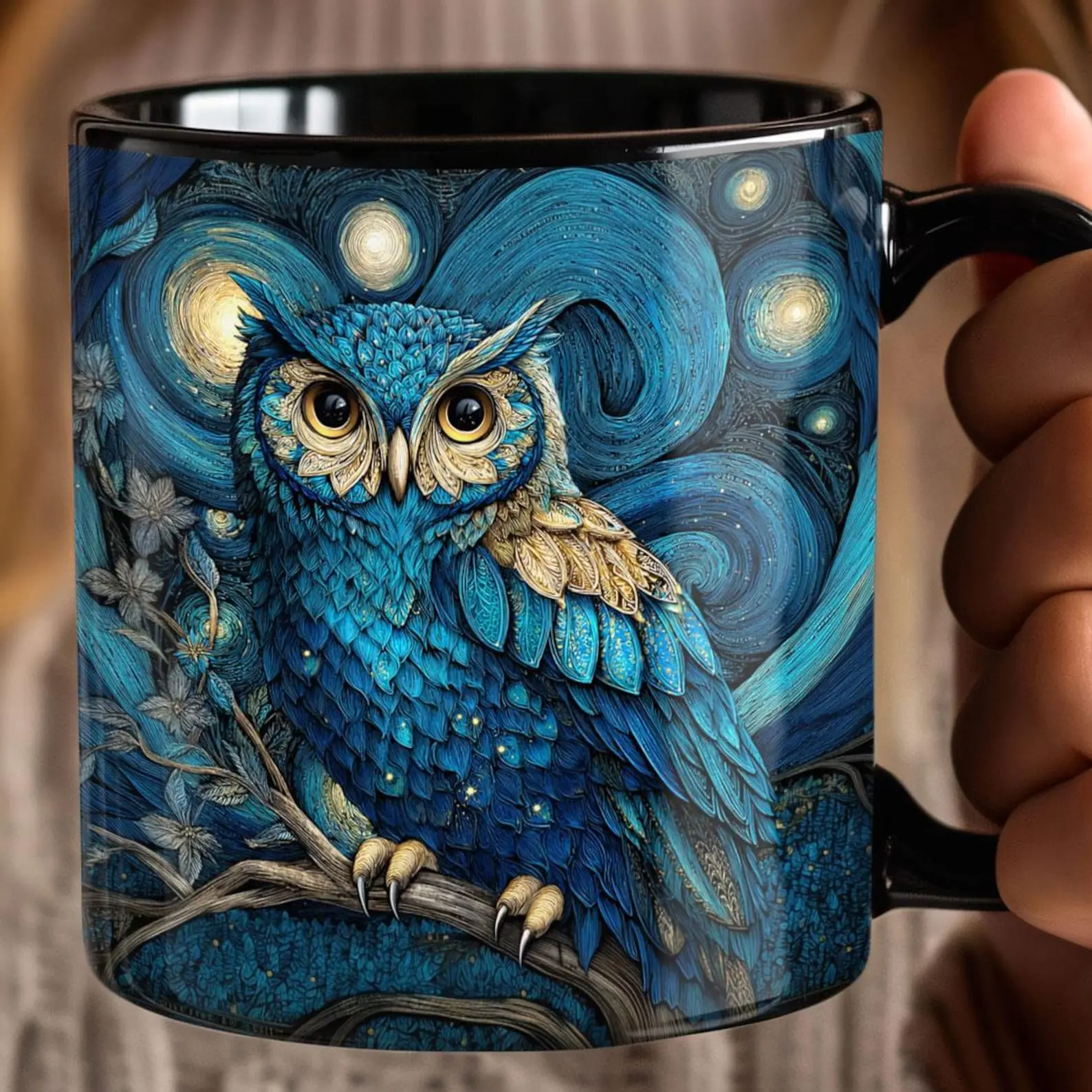 Starry Night Owl Mug | Black Ceramic Coffee Tea Cup, Morning Coffee Mug, Van Gogh, Unusual, unique, forestcore, artist gift