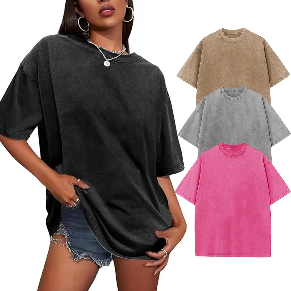 Holafish Acid Wash Oversized Crewneck Cotton T-Shirts, Unisex Loose-Fit Short Sleeve Basic Tops Mineral Streetwear Baggy Workout Menswear Casual Tees