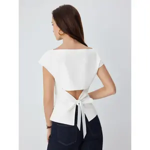 Cider Linen-blend Boat Neck Ruched Cut Out Tie Back Top SummerWins Dealsforyou