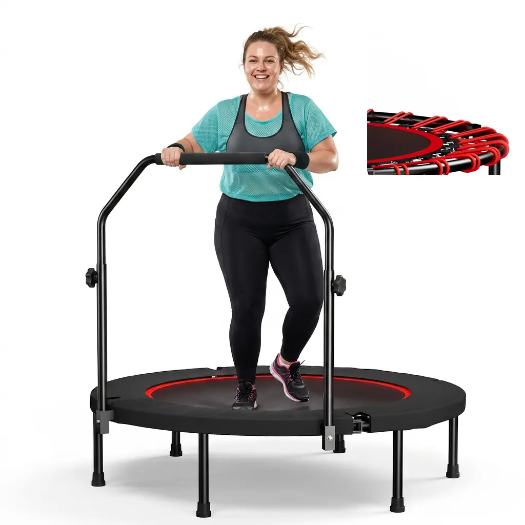 40" Foldable Mini Trampoline for Adults Fitness, Adjustable Foam Handle, Quiet Bungee Rebounder, Indoor Outdoor Workout Exercise, Brincolín Max Load 450LBS For Woman Man
