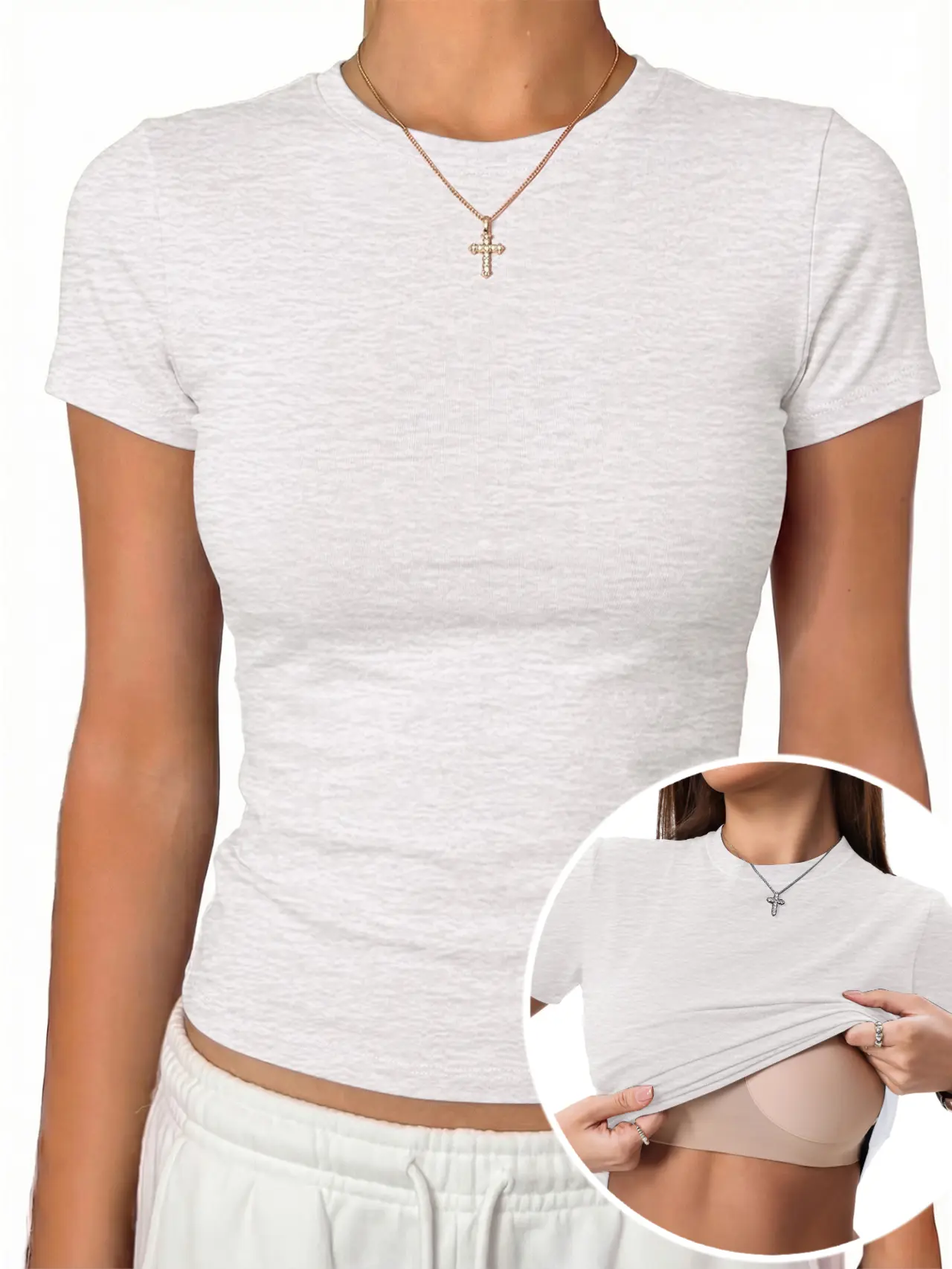 Danysu Built In Bra Solid Cotton Crewneck TShirt No See Through Stretchy Lightweight Fitted Everyday Basic Tops Gym Workout Casual Tee Minimalist Round Neck Women campingessentials Streetwear Womenswear Shortsleeve