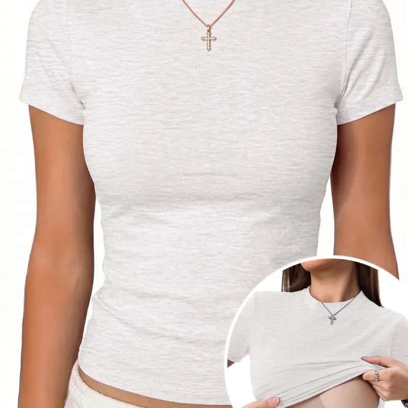 Danysu Built In Bra Solid Cotton Crewneck TShirt No See Through Stretchy Lightweight Fitted Everyday Basic Tops Gym Workout Casual Tee Minimalist Round Neck Women campingessentials Streetwear Womenswear Shortsleeve