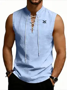 Design of Summer Loose Men's Viking Medieval Drawstring Linen Breathable Sleeveless Athletic Tank Top Activewear Vest Sleeveless Tank Tops