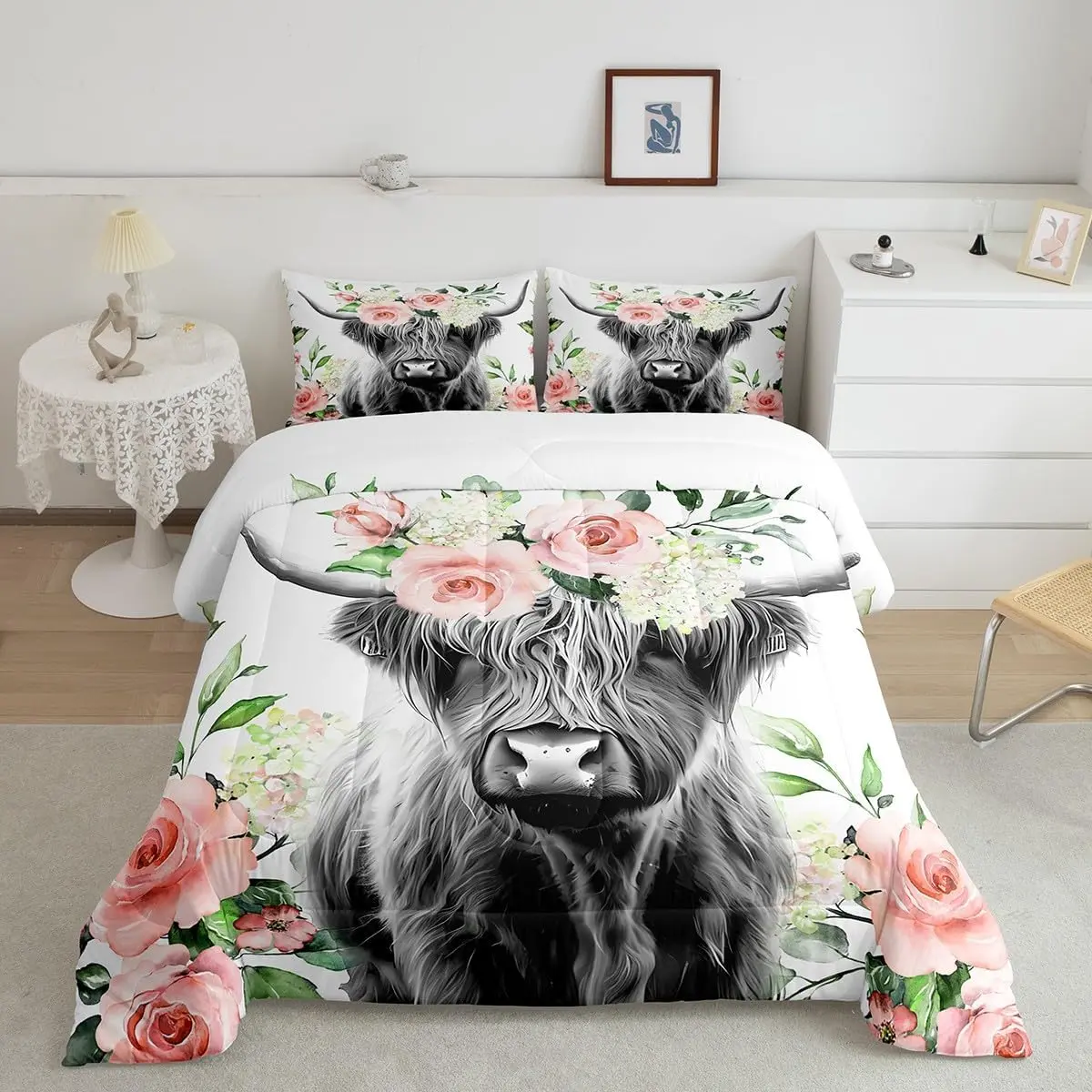 Highland Cow Luxury Decorative Microfiber Bedding Set - Flat Weave, Rose Floral Bull Cattle Designer Breathable Comforter, Western Print Farmhouse Duvet, Multi-Size Quilt Sets, Decorative Bedding Set