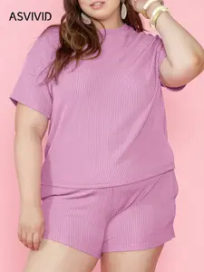 [Plus Size] Two-Piece Set Solid Ribbed Fabric Drop Shoulder Tee & Elastic Waist Shorts, Basic Casual Fashion Cozy Round Neck Short Sleeve T-shirt & Shorts for Daily Outdoor Wear, Women's Two-piece Outfits Clothes for Summer Womenswear Lady