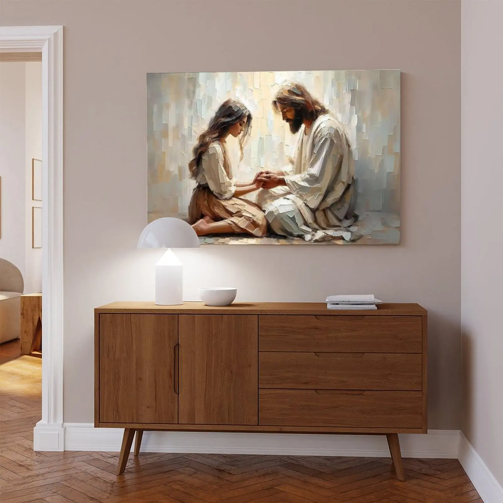 Comfort in Him Modern Christian Art Jesus and Woman Holding Hands LDS Bible Wall Art Canvas Print for Home Decor 12x18 Inches - Decoration