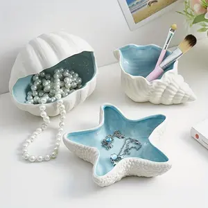 Starfish Shaped Jewelry Storage Box, Ceramic Jewelry Ring Storage Box, Desktop Jewelry Organizer for Home Office Dormitory Decor, Divided Compartments, Accessories Box