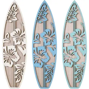 3 Pieces Hibiscus Surfboard Decor for Bedroom Wooden Beach Wall Decor Summer Wood Surfboard Wall Hanging Sign for Tropical Living Room Decoration (Blue)