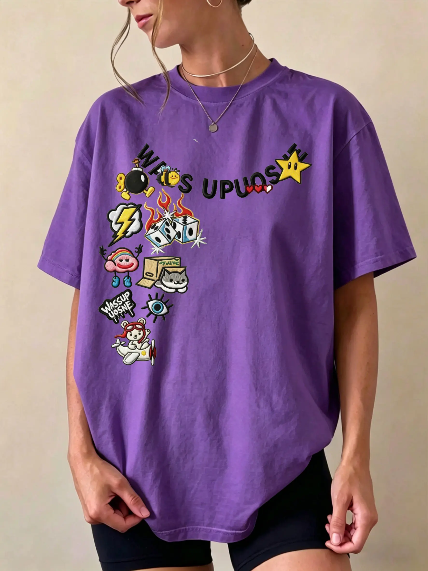 WISSUPOS Letter Print Graphic Crew-neck Short-sleeve T-shirt, Y2K
