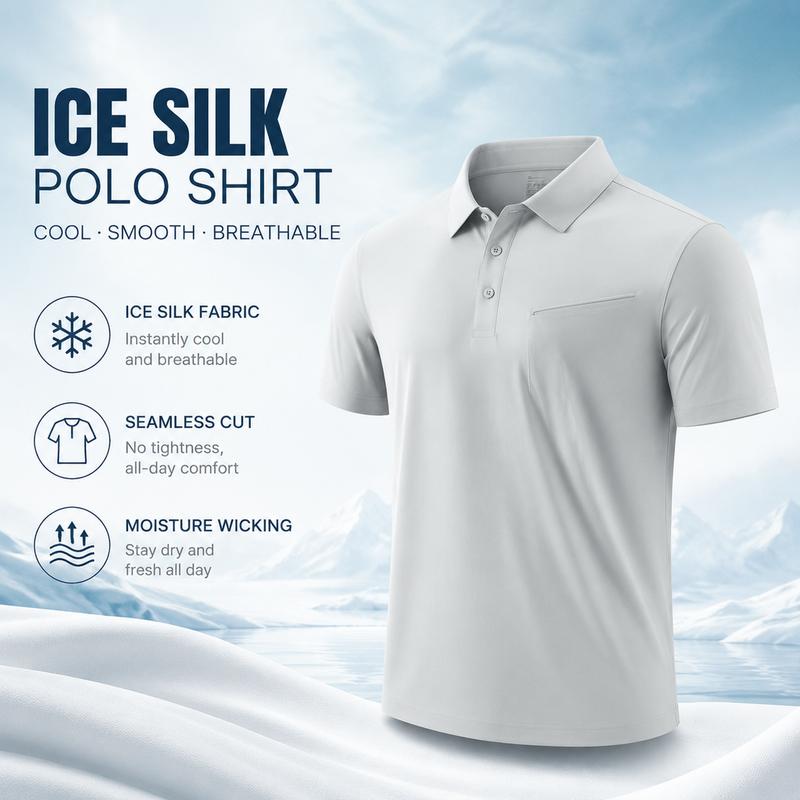 Men's Plain Ice Silk Short-Sleeve Seamless Polo Shirt - Menswear with Moisture-Wicking, Lightweight, Breathable, Smooth-Fit Features, Cold-Wash Compatible, Keeps You Dry for Casual Business