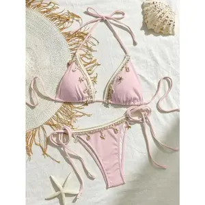 Bikinx Women Solid Color Stitching Ribbon Shell Decoration Triangle Cup Lace-Up Bikini Set For Beach Vocation Summer