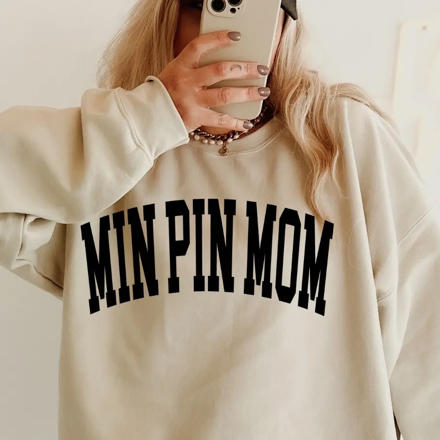 Min Pin Mom Varsity Sweatshirt, Trendy, College Font, Cute, Dog Mama, Crewneck