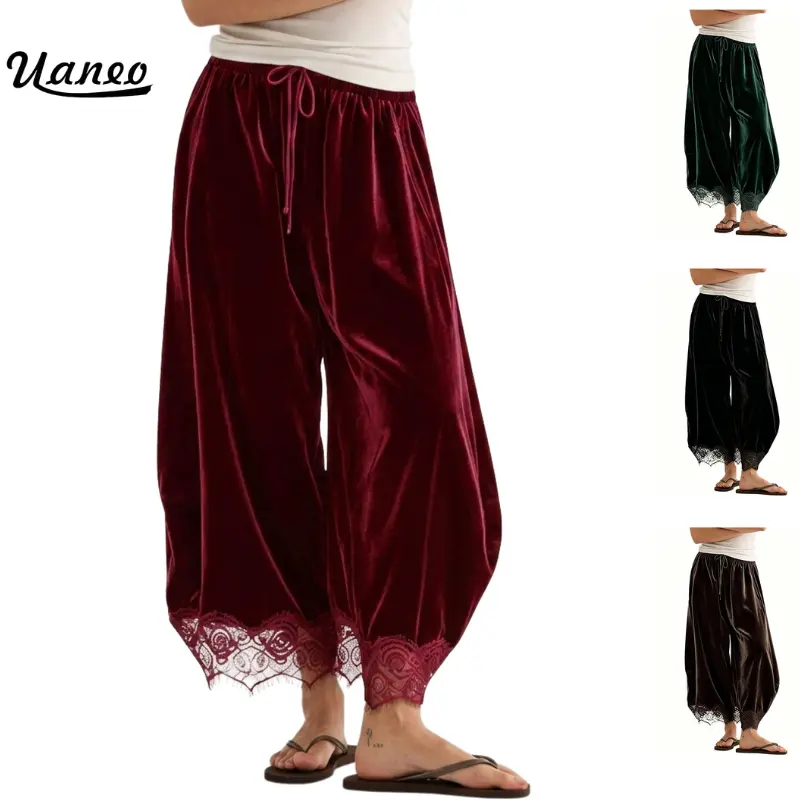 Uaneo Women's Cropped Lace-Hem Velvet Pants Elastic Waisted Drawstring Lounge Wide Leg Trousers with Pockets