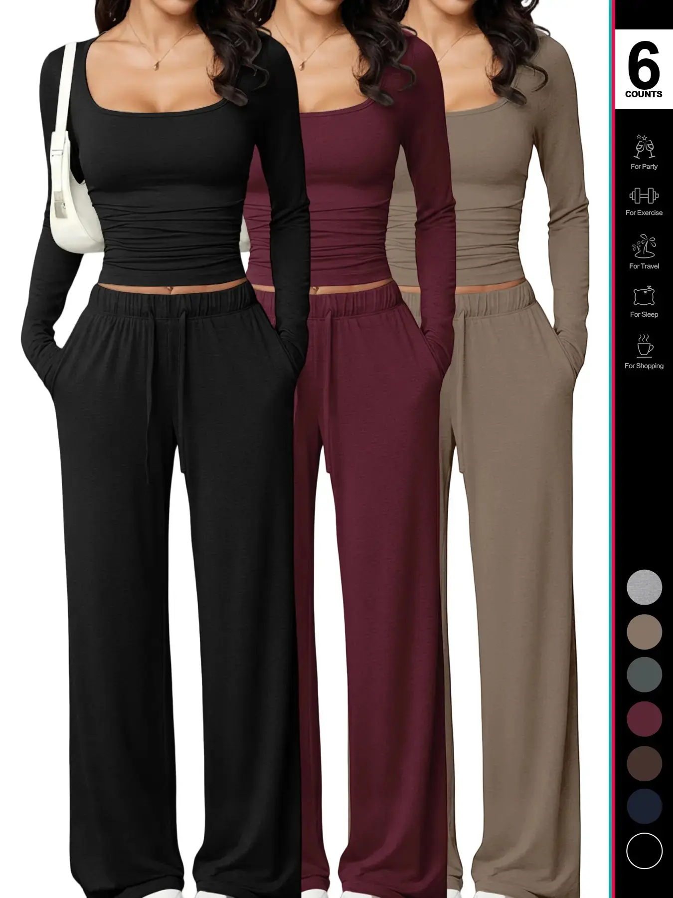 2026 Women's 2 Piece Matching Chic Lady Womenswear Plisse Loungewear Set, Square Neck Long Sleeve Fitted Crop Top, High Waisted Wide Leg Drawstring Pants, Casual Sweatsuit, Casual Pajama Set