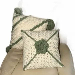 Crochet Throw Pillow with Green Tassels and Floral Design for Home Decor