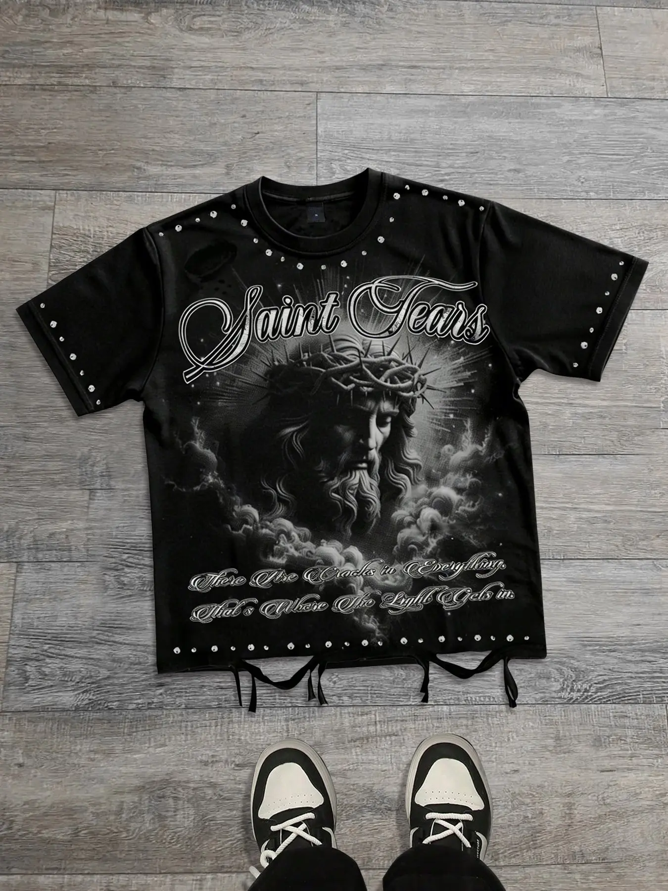 Street retro Jesus print ripped short sleeved Round Neck T-shirt, Casual Streetwear, Menswear, for men and women loose 2026 summer new with cotton included European and American street fashion brand geometric aesthetic Christian Ame
