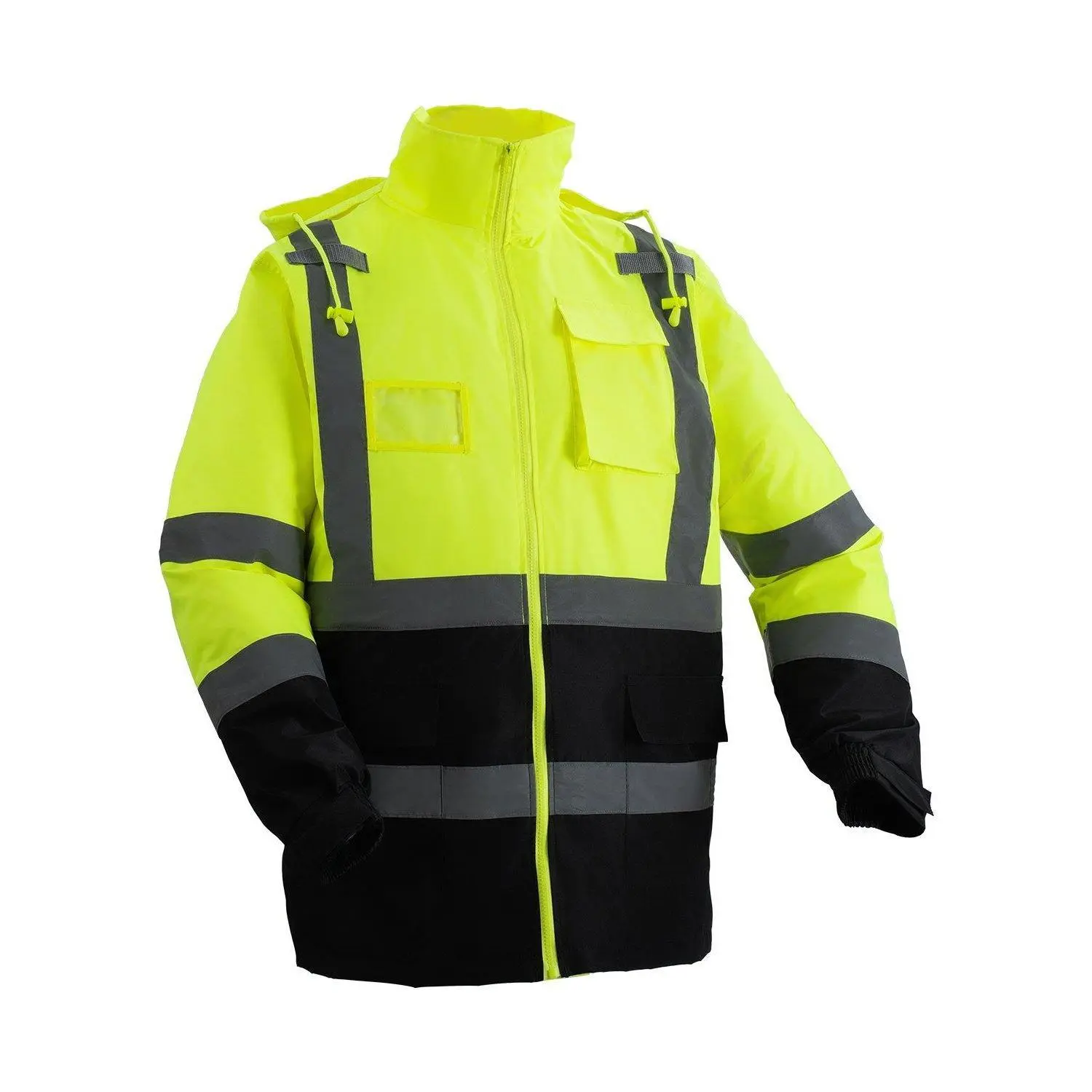 【SummerFinds】Size L High-Visibility Reflective Strips Safety Jacket, 830g Oxford Fabric Waterproof Long Sleeve Hoodie, Snap Buttons, Yellow & Black Outdoor Work Safety Wear for Night Rescue