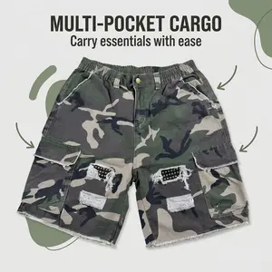 After washing, the waistband will shrink slightly. Men’s camouflage cargo shorts without rear pockets—distressed look with rips, studded patches, raw hem, multiple pockets, loose casual fit, mid-thigh length. Please order according to the size chart.
