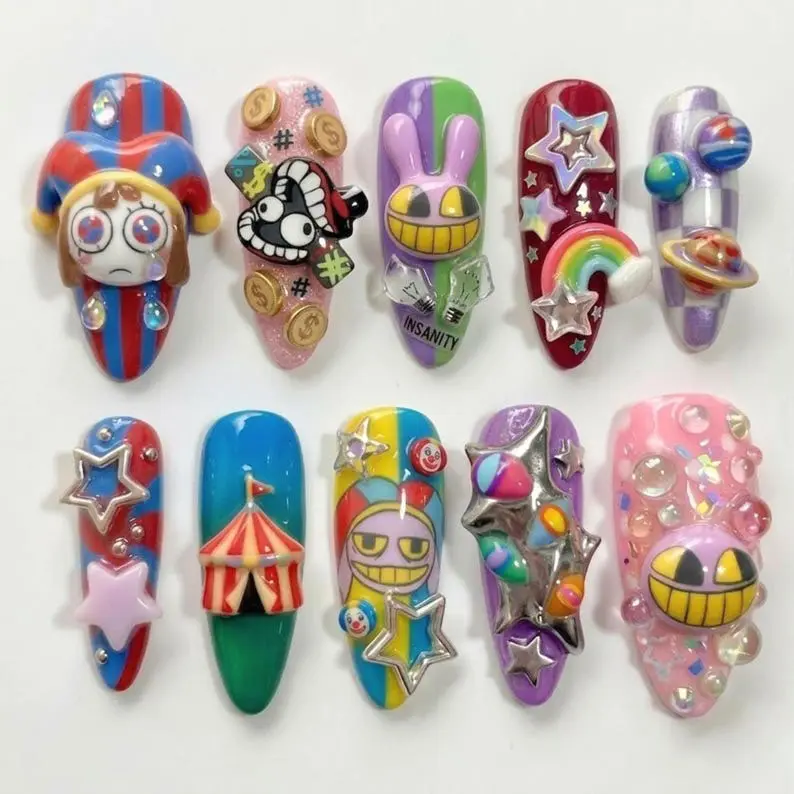 Handmade TADC Anime Press On Nails 3D Clown Circus Rainbow Art Fake Nails Colorful Cartoon Gel Nails