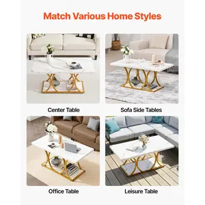 VEVOR Coffee Table, Modern Faux Marble Coffee Table, 2-Tier Rectangle Center Desk with Geometric Legs, Minimalist Sturdy Metal Frame Accent End Desk for Living Room, Office, Easy Assembly, White