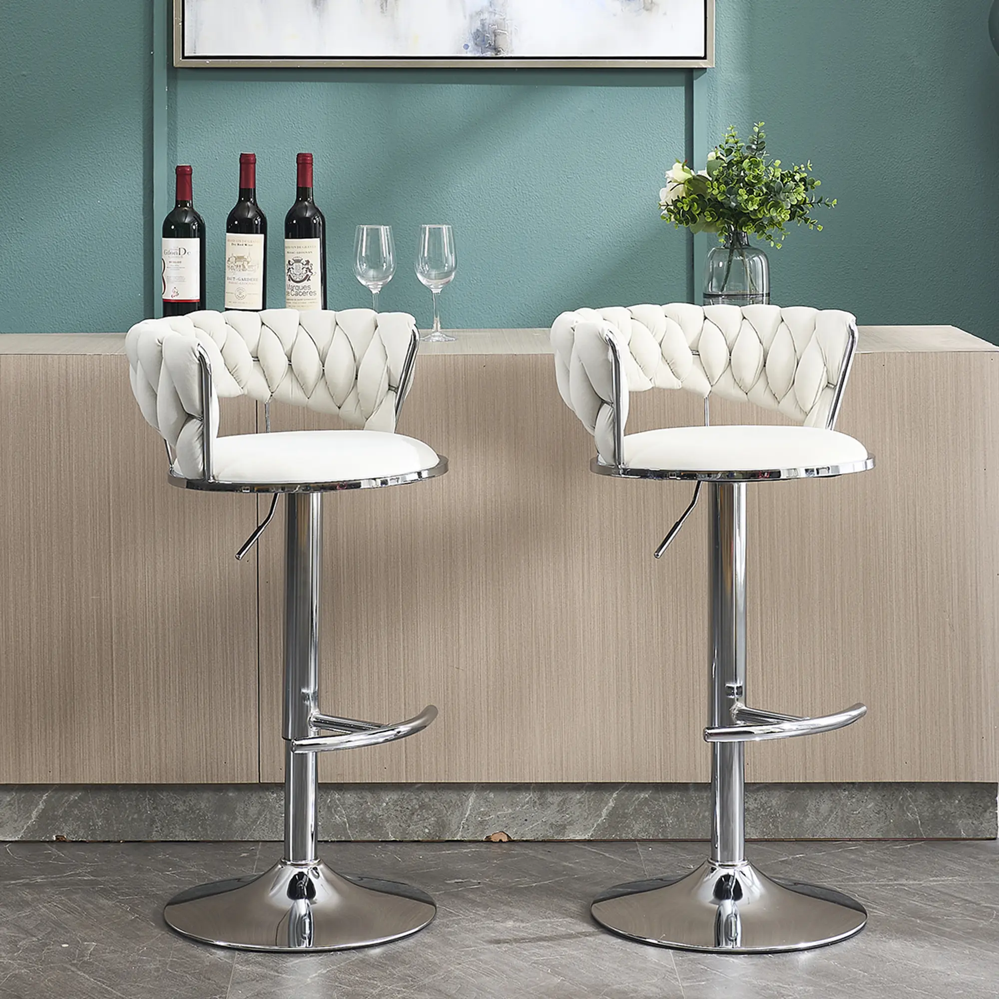 Bar Stools Set of 2, Modern 360° Swivel Barstools with Silver Legs, Velvet Adjustable Counter Height Barstools with Back and Footrest for Kitchen Island, Cafe, Pub (Cream, 2pcs)